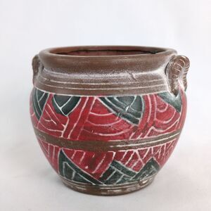 Vtg Hand Painted Succulent Planter Redware Pottery Crock Mexican Southwestern